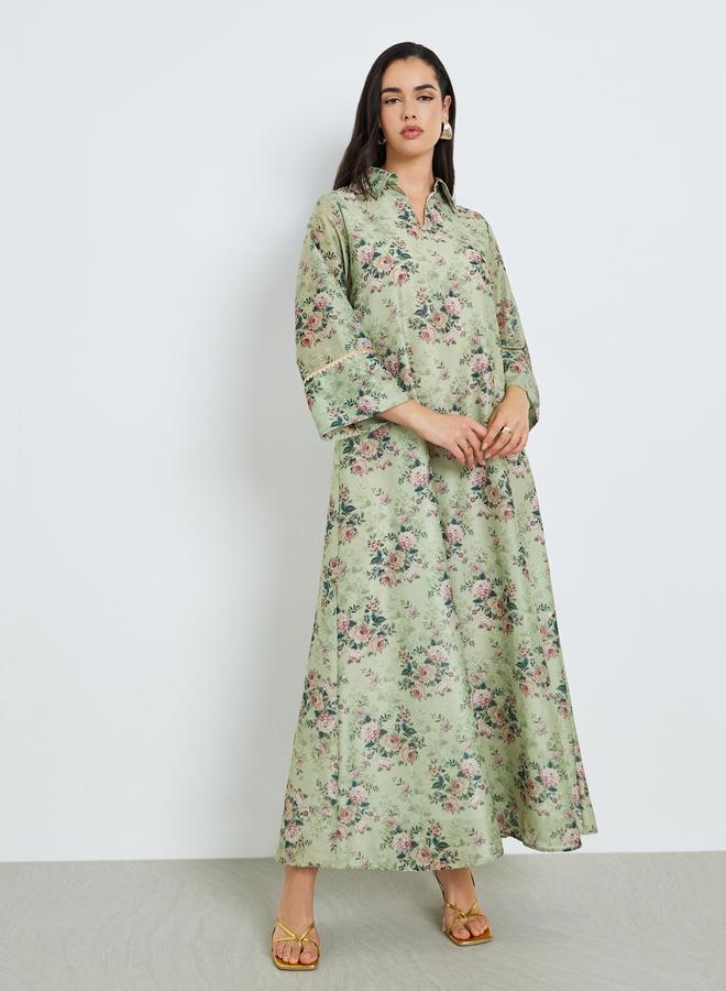 Amirah Women Green Floral Print A-Line Jalabiya - Image 2